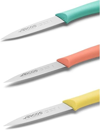 Arcos Paring Knife Set of 3 Pieces 4 Inch Stainless Steel. Colorful Kitchen Knives for Peeling Fruits and Vegetables. Ergonomic Polypropylene Handle. Series Nova. Color Orange, Yellow and Blue. thumbnail 4
