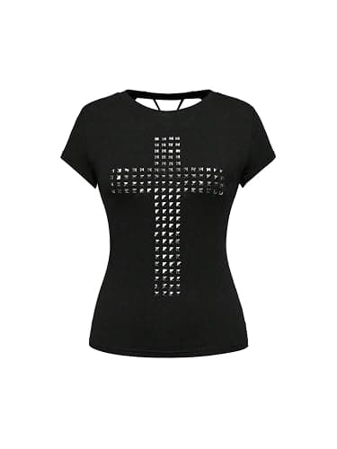 Milumia Women's Y2K Gothic Cross Rivet Tee Tops Vintage Cut Out Back Going Out T Shirt Streetwear - Image 1