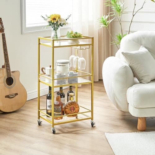 IBUYKE Home Bar Serving Cart,Small Bar Cart with 3-Tier Glass Shelf, Mobile Drink Shelf with Wine Holders and Glass Holders,Mini Bar for Outdoor, Small Space, Kitchen Gold TMJ519G thumbnail 6