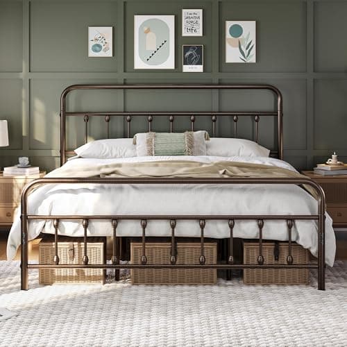 Yaheetech Classic Metal Platform Bed Frame Mattress Foundation with Victorian Style Iron-Art Headboard/Footboard/Under Bed Storage/No Box Spring Needed/King Size Bronze - Image 1