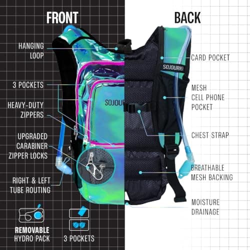 SOJOURNER Rave Hydration Pack Backpack - 2L Water Bladder Included for Festivals, Raves, Hiking, Biking, Climbing, Running and More (Medium) (Laser Holographic - Purple) thumbnail 3