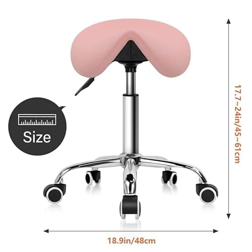 KKTONER Rolling Saddle Stool PU Leather Swivel Adjustable Rolling Stool with Wheels Salon Chair (Pink) thumbnail 3