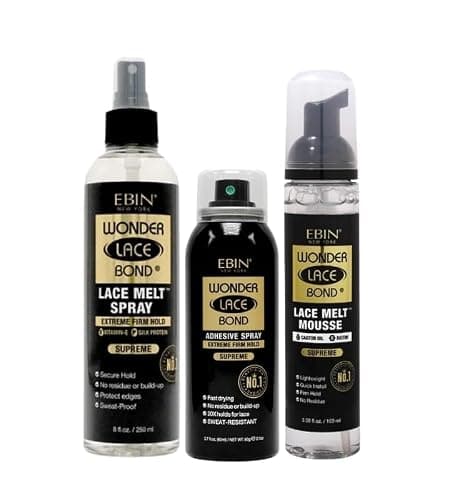 EBIN NEW YORK Melting Spray – Wonder Lace Bond LaceMelt Mini Supreme 8oz Bundle with Wig Adhesive Spray Supreme 2.7oz and Lace Melt Mousse 3.38oz Wig Styling and Blending Gift Set (3 Items) - Image 1
