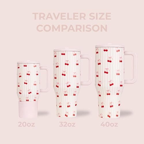 HydroJug Traveler - 40 oz Water Bottle with Handle & Flip Straw - Fits in Cup Holder, Leak Resistant Tumbler-Reusable Insulated Stainless Steel & Rubber Base - Gifts for Women & Men, Sweet Cherry thumbnail 7