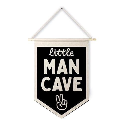 Qpenm Little Man Cave Wall Hanging Canvas Banner, Boys Room Decor, Modern Black and White Peace Sign Nursery Hanging Pennant Flag Posters Prints for Toddler Baby Little Boy Kids Room Playroom Decor - Image 1