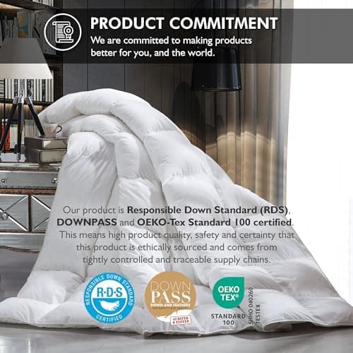 Luxurious King/California King Size Goose Down Fiber Waterfowl Feather Fiber Comforter Duvet, 100% Egyptian Cotton Cover, 58 oz. Fill Weight, Baffle Box Design, White Solid - King thumbnail 2