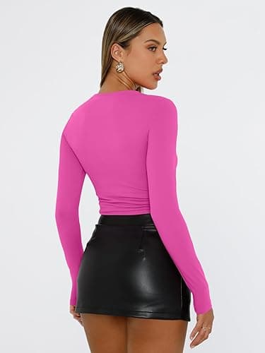 Trendy Queen Womens Long Sleeve Shirts Fall Fashion 2025 Basic Crop Tops Going Out Workout Outfits Y2k Clothes - Small - Hot Pink thumbnail 4