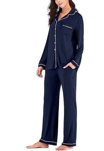 Aamikast Women's Pajama Sets Long Sleeve Button Down Sleepwear Nightwear Soft Pjs Lounge Sets - Navy Blue - X-Large thumbnail 3