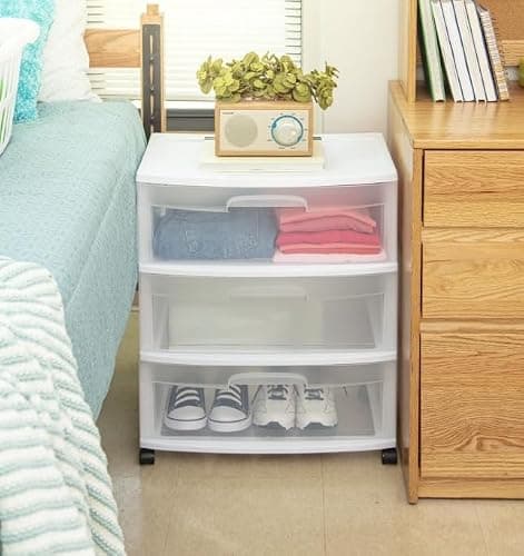 Wide 3-Drawer Storage Cart - White, Plastic, Rolling Casters thumbnail 2