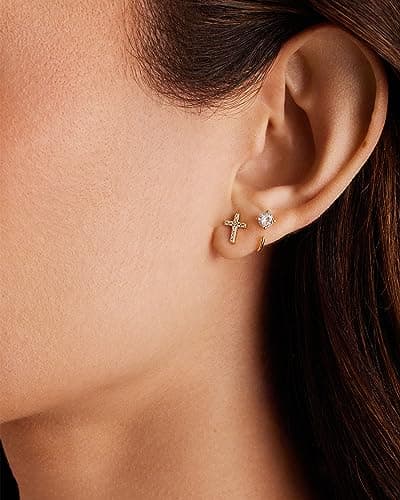 PAVOI 14K Yellow Gold Plated 925 Sterling Silver Earrings | Pave CZ Yellow Gold Cross Earrings for Women thumbnail 2
