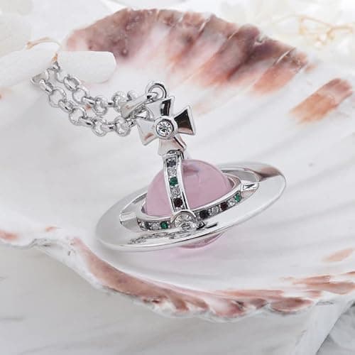 ZHAOZHAO Colorful Saturn Necklace for Women - Sky Star Saturn Planet Pendant with Crystals(Silver+Pink) thumbnail 3