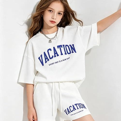 Klyatpxoen Size 6-12 Years Girl's Tracksuit Sets 2 Piece Outfits Letter Print Vacation Tee Top and Drawstring Waist Shorts thumbnail 5