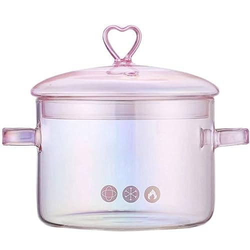 Pink Glass Saucepan with Lid and Handle, 1.5L/50oz Glass Cooking Pot, Glass Cooking Saucepan Safe for Pasta Noodle, Soup, Milk, Baby Food - Image 1