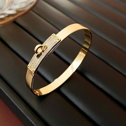 FOMCORT 18K Gold Plated Turn Lock Bracelet with Cubic Zirconia，Classical Fashion Stainless Steel Bangle Bracelet for Men and Womens - Gold thumbnail 5
