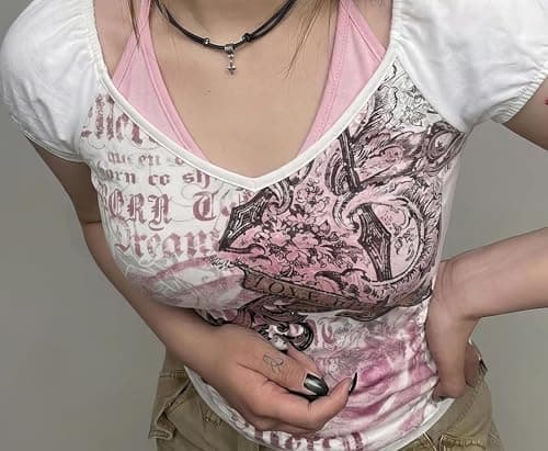 Y2K Emo Grunge Shirt Women Emo Goth Indie T-Shirts Teen Girl Graphic Tee Scene 2000s Alt Gyaru Mcbling Clothes (Small,Pink) thumbnail 3