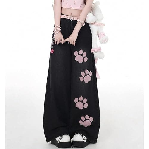 Kawaii Cat's Claw High Waisted Wide Leg Jeans for Women Y2K Harajuku Fashion Denim Pants with Patchwork Design thumbnail 4