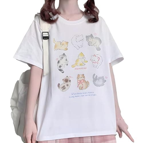 RILGOU Harajuku Kawaii Goth Casual Loose Style Soft Short Sleeve Crewneck Cute Cartoon Cats Shop Print T-Shirt - Image 1