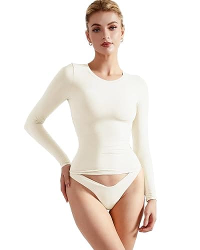 SUUKSESS Women Double Lined Fitted Basic T Shirts Crew Neck Long Sleeve Crop Top - Image 1
