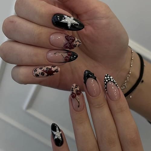 French Tips Press on Nails Medium Almond Fake Nails with 5D Bow Charm Design Glossy Leopard Prints Star Nails Press on Reusable Pearl Cherry False Nail Spring Summer Nail for Women Manicure 24Pcs thumbnail 2