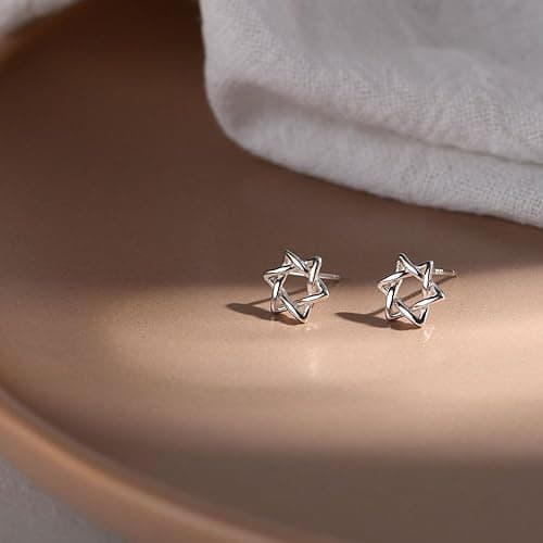 YILUOCD Hypoallergenic 925 Silver Plated Star of David Stud Earring Hexagon Star Twisted Earrings for Women Valentines Day Jewelry Gifts (Silver) thumbnail 5