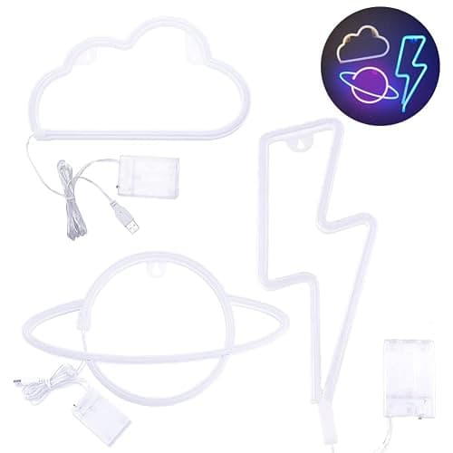 Neon Light Sign, 3 Pcs Eclair Planète Nuage Space Neon Sign Batterie USB Neon Sign Light Néon Signe Planète Lampe pour Chambre à Coucher Salle de Jeux Bar Fête Pépinière Fête d'anniversaire thumbnail 9