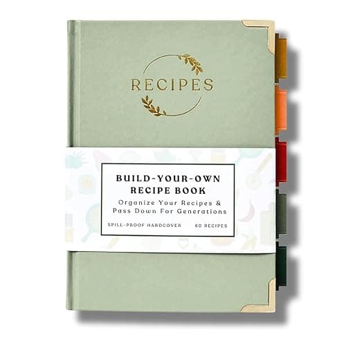 Kikaze Collection Blank Recipe Notebook | Small Blank Recipe Book to Write in Your Own Recipes | Artisan Hardcover Journal for 60 Recipes | 8.4” x 6” Leather Sage Green & Gold Hardcover | Tabs, Stickers, Pocket & Bookmarks - Image 1