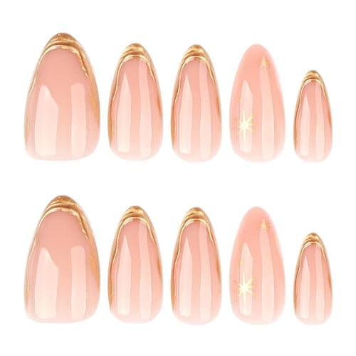 Foccna Press on Nails Almond Fake Nails with Gold Line Design Glue on Nails Acrylic Nails Glossy Full Cover Stick on Nails for Women 24Pcs thumbnail 4
