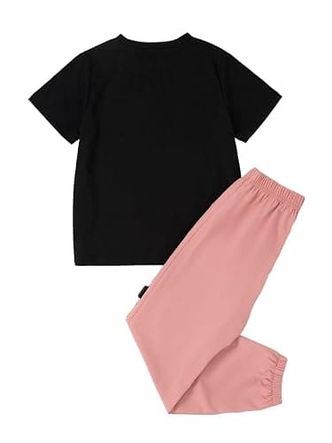 FRCLHWA Kids Toddler Girl Clothes Letter Print Graphic Top and Jogger Pants 2PC Summer Clothing Set - 11-12 Years - Black & Pink thumbnail 2