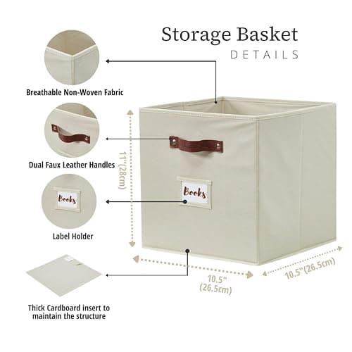 DECOMOMO Cube Storage Bin, Storage Cubes with Labels | 10.5" x 11" Cube, Baskets for Shelves, Kallax Linen Closet Organizers (6pcs, Beige) thumbnail 3