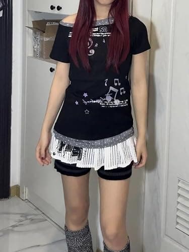 TYATVS Emo Grunge Tops Y2k Harajuku Music Note Shirt Vintage Gothic 2000s Clothing Whimsy Twee Tees Alt Clothes thumbnail 5