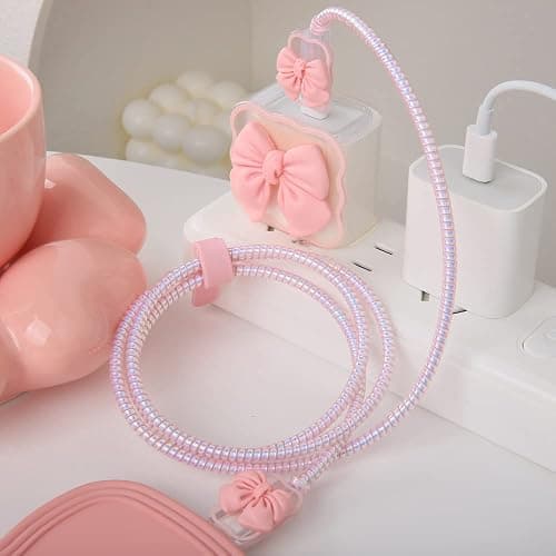 QLD COVER Compatible with iPhone 18W/20W USB-C Charger Cover Cute 3D Bow Tie Design Clear Soft Charger Protector Kawaii Cable Saver for iPhone 11 12 13 14 Pro Max Fast Power Adapter, Pink 2 (5in1) thumbnail 3