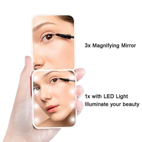 Flymiro Compact Mirror, 1x/3x Magnification Mini Mirror for Purse, Pocket, Handheld, Stocking Stuffers, Travel Makeup, 2-Sided Foldable, Small Mirror with Led Lights thumbnail 3
