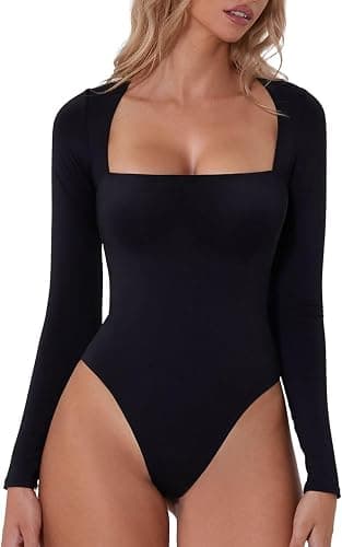 Beaufident Women's Sexy Square Neck Long Sleeve Bodysuit Padded Bras Shirt Tops - Image 1