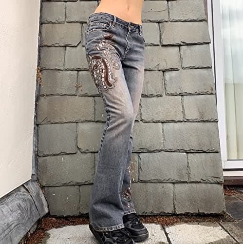 HOXIJIA Women High Waisted Wide Leg Denim Pants Y2K Patterned Baggy Flared Hem Jeans Stretch Bell Bottom Trousers thumbnail 2
