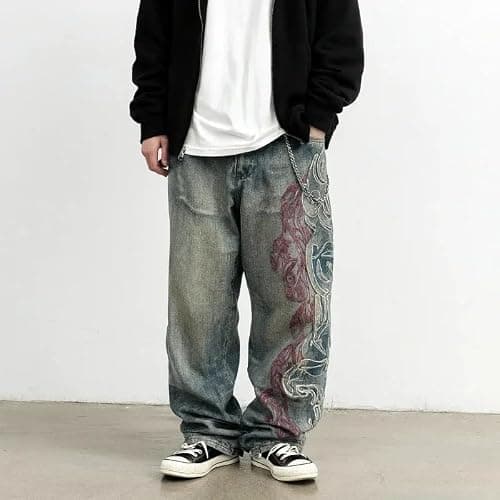 Xojbzoo Unisex Y2K Streetwear Baggy Jeans Retro Totem Print Goth Pants High Waisted Wide Leg Harajuku Hip-Hop Style thumbnail 5