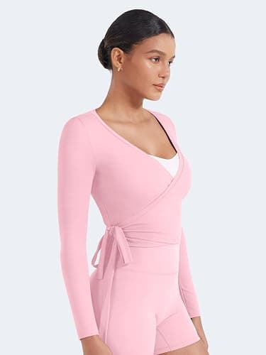 YEOREO Ease Womens Pilates Wrap Top Tie Workout Shirt | Long Sleeve, V Neck, Self Tie, Ballet Yoga Dance, Y2K, Cropped Tops thumbnail 6