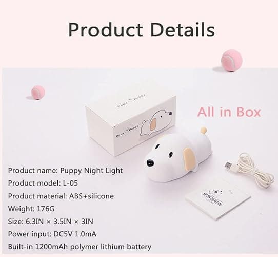 HAPPYBAG Kids Night Light,Cute Soft Silicone Dog Lamp Dimmable Nursery Portable Puppy Kawaii Lamps,Bedside Lamp for Baby and Toddler,Boy Girls thumbnail 6