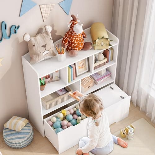 Garvee Toy Storage Organizer with Movable Drawers, Kids Bookshelf with Hidden Wheels & Open Cubbies, Multifunctional Floor Storage Chest for Playroom, White thumbnail 5