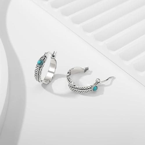 Feather Hoop Earrings 925 Sterling Silver Turquoise Earrings Western Jewelry Feather Gifts for Women thumbnail 5