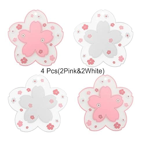 Sakura Coasters Set of 4 Kawaii Cup Mat Anti-Skid Pot Bowl Pad Placemats PVC Cherry Blossom Coaster for Drinks Coffee Table Cute Room Home Kitchen Decor Kawaii Desk Accessories(4.3in) - Small 4pcs thumbnail 2