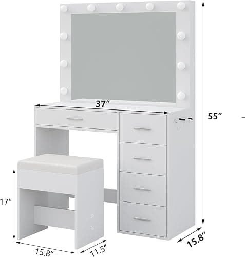 FUSOU 37" Vanity Desk with Mirror & LED Lights, Makeup Vanity with Power Outlet & USB, 3 Lighting Modes, Dressing Table with 5 Drawers & Stool for Bedroom, White thumbnail 2