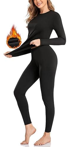 SIMIYA Thermal Underwear Set for Women Long Johns with Fleece Lined Long Sleeves Base Layer Set Top Bottom - Large - Black - Image 1