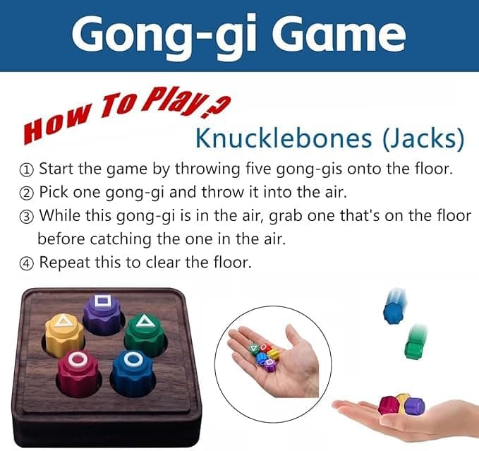 Korean Games for Kids & Families – 5-in-1 Set: Gonggi, Ddakji, Paengi, Jegi Kick & Biseokchigi – Fun Hand-Eye Coordination Training – Squid Game Pentathlon Play Set thumbnail 5
