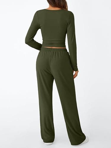 Trendy Queen Women's 2 Piece Matching Lounge Set Long Sleeve Slightly Crop Top Wide Leg Pants Casual Sweatsuit thumbnail 4