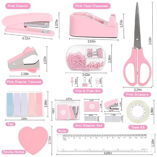 Office Desk Accessories, Pink Office Supplies Set Desk Accessories for Women, Cute Office Supplies with Stapler, Mini Stapler, Staple Remover, Tape, Clips, Scissor and Tabs, Stationary Set for Student thumbnail 3