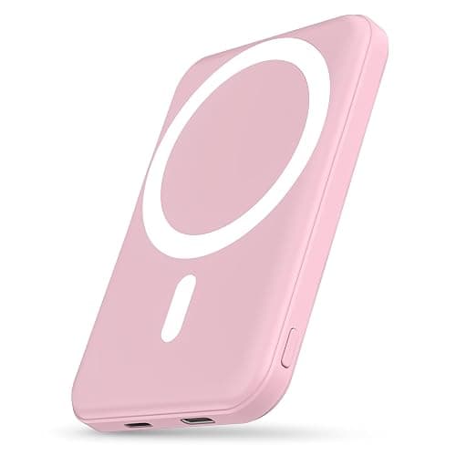 podoru for Magsafe Battery Pack, 5000mAh Magnetic Power Bank with Type-C Cable 20W PD Fast Charging Lighting Input Wireless Portable Charger for iPhone 16/15/14/13/12/ All Series-Pink - Pink - Image 1