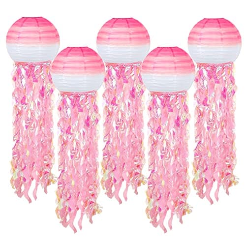 ADLKGG Hanging Jelly Fish Paper Lanterns, Gradient Colorful Pink Paper Lanterns for Mermaid Theme Party Under The Sea Ocean Birthday Decorations Baby Shower Baby Room, Set of 5 - Image 1