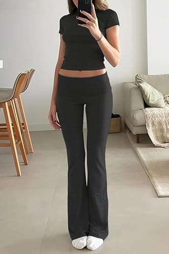 ZFLM Casual Workout Two Piece Outfits for Women Short Sleeve Crop High Waist Foldover Flare Pants Tracksuit Sets Streetwear thumbnail 2