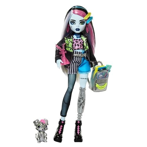 Monster High Frankie Stein Doll in Denim Jacket & Shorts, Includes Pet Dog Watzie & Accessories like a Backpack, Snack & Notebook - Image 1