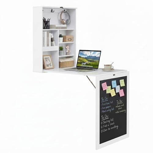Tangkula Foldable Wall-Mounted Desk, Floating Desk with Chalkboard, Storage Shelves & Hooks, Space-Saving Murphy Table for Home Office, Bedroom, Dorm Room, Small Spaces - Image 1